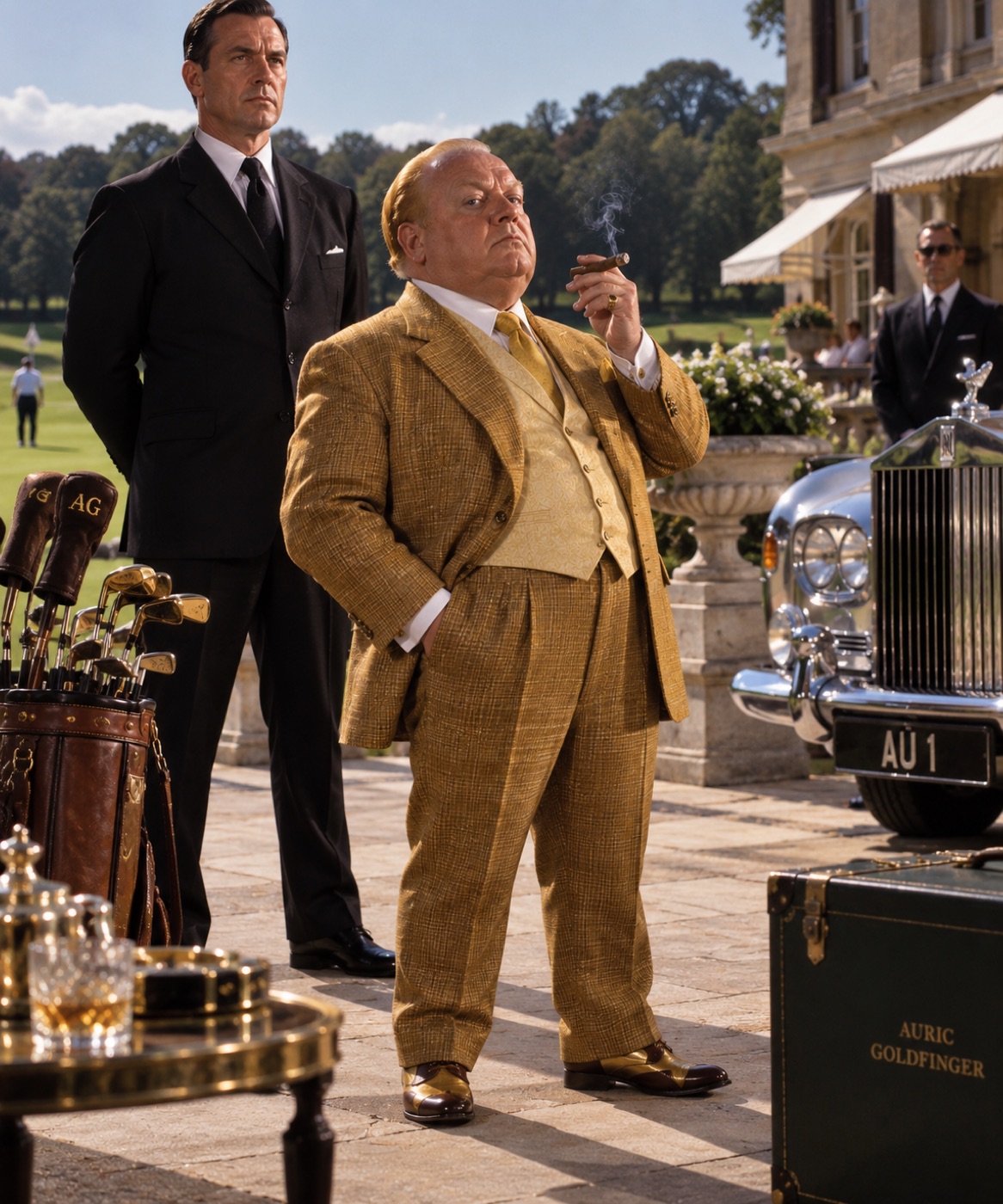 AI-generated illustration of Auric Goldfinger as described in Ian Fleming's novels